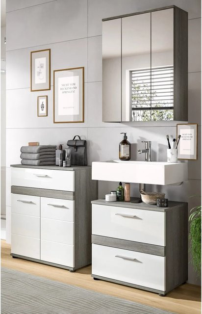 Inn.Furn Badmöbel-Set Bailey 3-teilig in Weiß und Grau Hochglanz mit Spiegelschrank, Kommode und Waschbeckenunterschrank, Breite: 146 cm - Bild 1