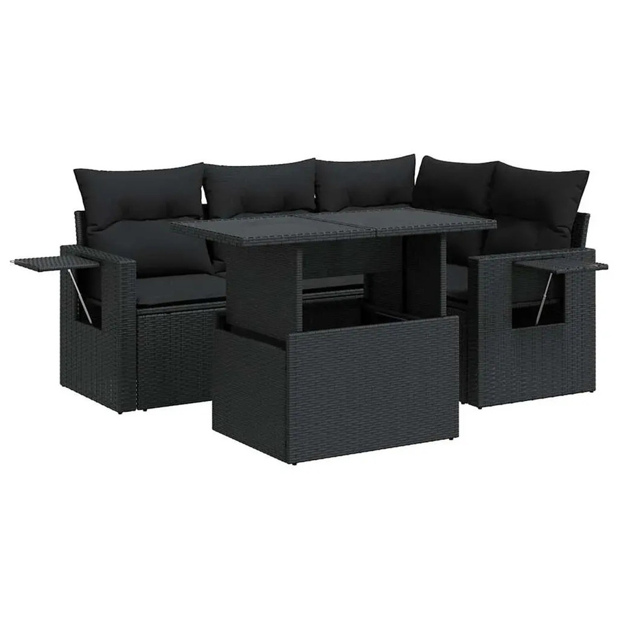 vidaXL 5-teilige Garten-Sofagarnitur in L-Form aus schwarzem Poly-Rattan mit wetterfesten Kissen und pulverbeschichtetem Stahlgestell - Bild 2