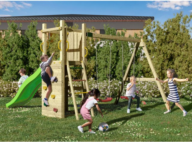 Fungoo Spielturm Funny 3 in Natur mit Doppelschaukel, Rutsche, Kletterwand und Sandkasten - Bild 1