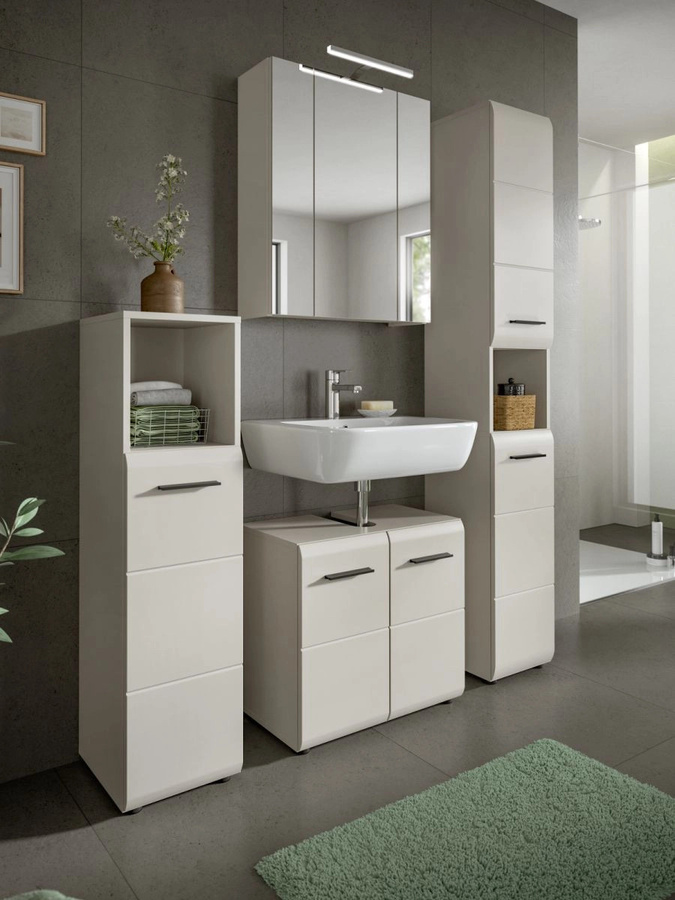 Badmöbel Set Cover von Inn.Furn in Kaschmir, 4-teiliges modernes Badezimmer-Set mit Waschtischunterschrank, Spiegelschrank, Hochschrank und Seitenschrank, Farbe: Kaschmir/Beige/Sand/Weiß - Bild 2