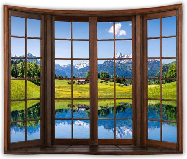 VIKAMA Panorama-Bogenfenster Wanddekoration mit Berg- und See-Landschaft in Mehrfarbig - Bild 1