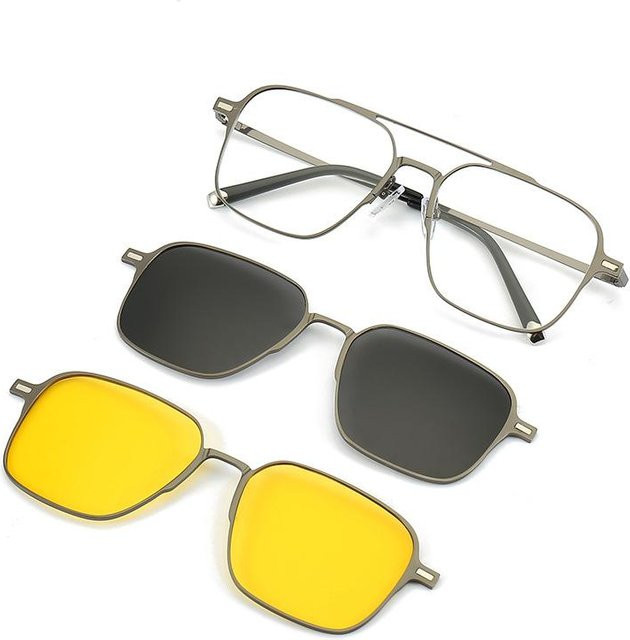 Dote 1/3 In 1 Magnetische Aufsteck-Sonnenbrille, Unisex, Vollrand, Square, Metall, Grau - Bild 1
