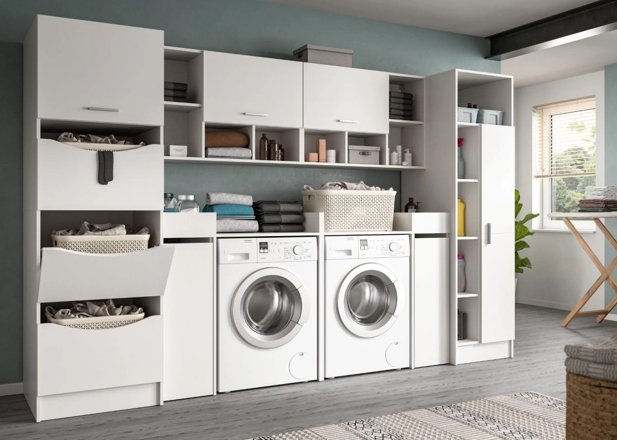 Waschmaschinenumbau Set Flexy in Weiß, modernes Badezimmer-Schrankset mit Soft-Close-Türen und Regalen, Breite: 300 cm, Höhe: 196 cm - Bild 2