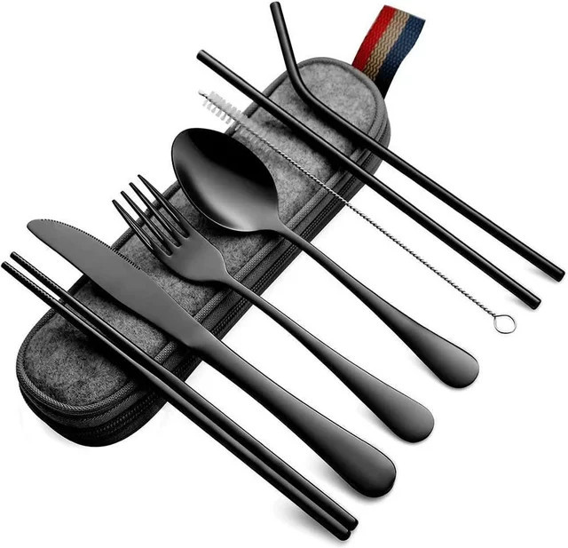 AJOYOUS 8-teiliges tragbares Besteckset in Silber mit Etui für Outdoor, Picknick und Reise, bestehend aus Gabel, Löffel, Messer und Stäbchen in mattem Design - Bild 1