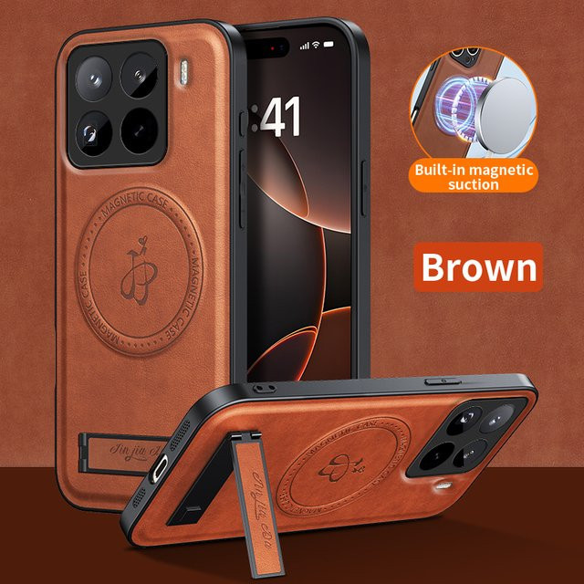 Magnetische Leder-Standhülle für Xiaomi 15T und 17T Pro in Braun mit MagSafe Unterstützung für kabelloses Laden und stoßfesten Schutz - Bild 1