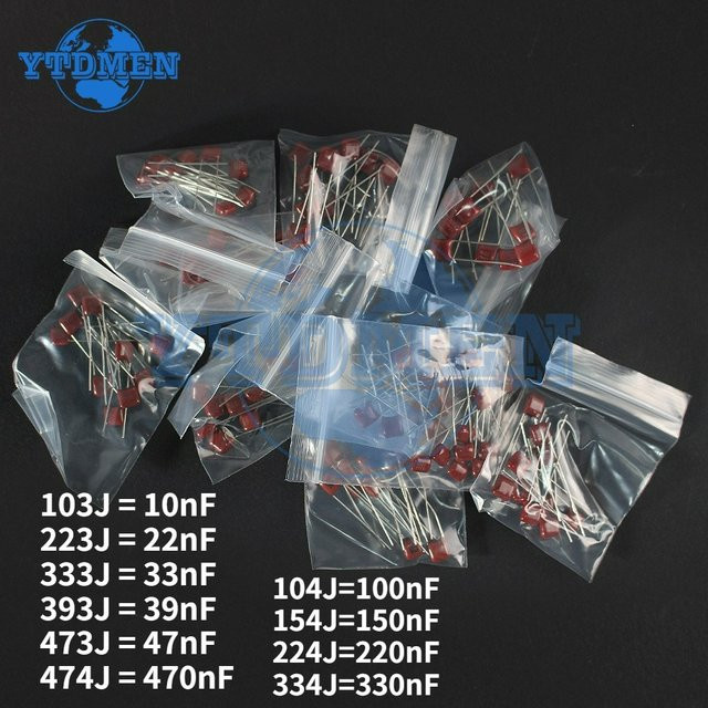 YTDMEN CBB Polypropylen-Folienkondensatoren Set, 100 Stück, 100 V, verschiedene Kapazitäten von 10 nF bis 470 nF, Farbe: rot - Bild 1