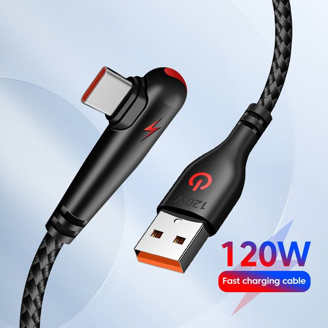 120 W USB-C Schnellladekabel mit 90 Grad Winkel, USB 3.0 Hochgeschwindigkeits-Datenkabel für Mobiltelefone und Computer, Schwarz - Bild 1