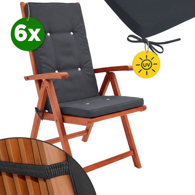 6er-Set Vanamo Stuhlauflagen für Hochlehner in Anthrazit aus wasserabweisendem Detex Polyester, B/T/H: 45 x 45 x 5 cm - Bild 1