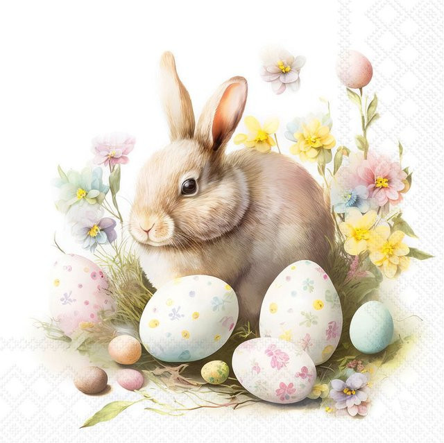 Serviette Bunny and Eggs aus Papier für Ostern, Multicolor, Breite: 33,0 cm, Höhe: 33,0 cm - Bild 1