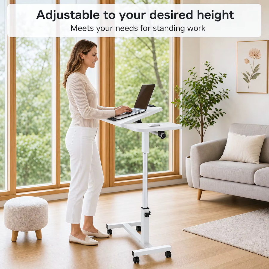 HGTUGO Rollbarer Laptop-Schreibtisch in Weiß, höhenverstellbarer Computertrolley mit neigbarer Tischplatte und Rollen für Home Office und Büro - Bild 3