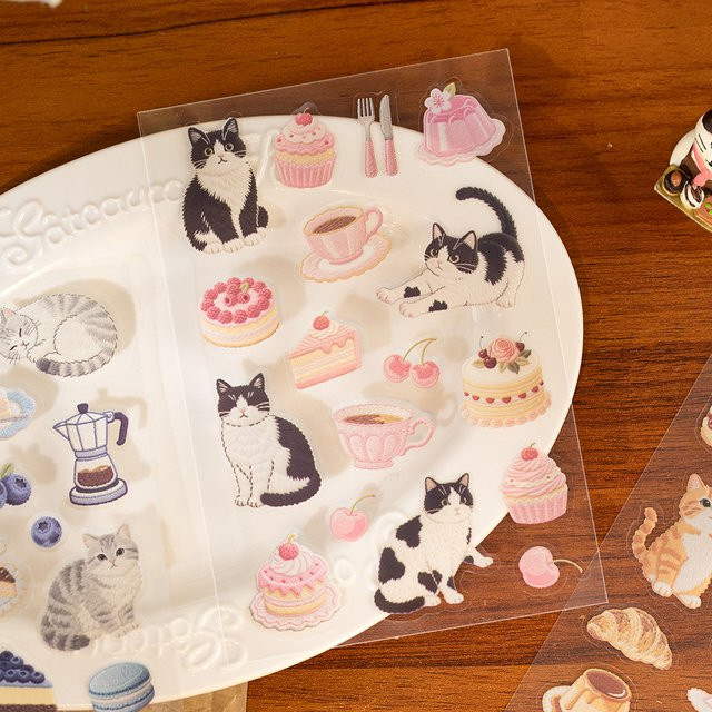 Meow Enjoys Sweet Time Serie Kawaii Cartoon PET Aufkleber für Tagebuch und Scrapbook, 2 Blatt, Mehrfarbig - Bild 1