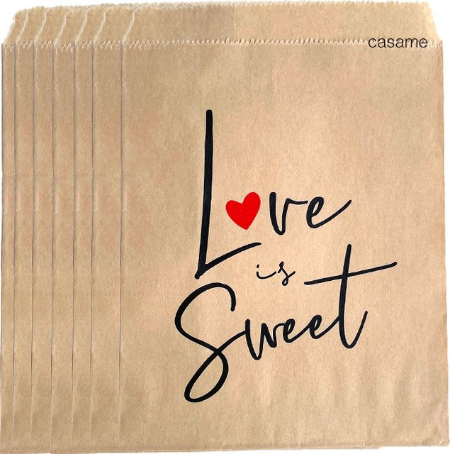 25 Stück Kraftpapier-Geschenktüten Love is Sweet in Braun, B: 13 cm, H: 18 cm - Bild 1