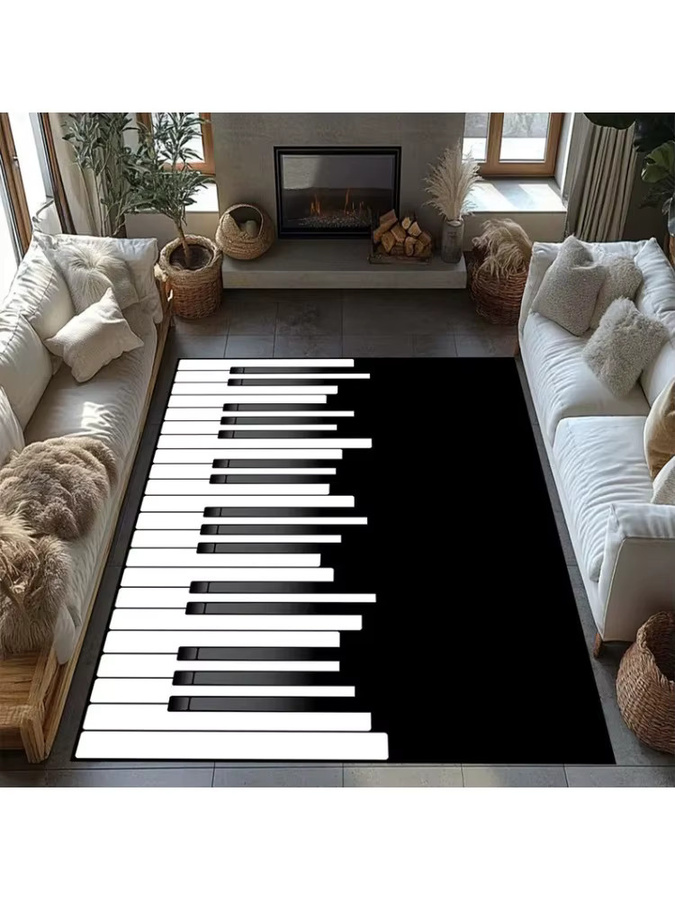 Moderner Teppich mit Klavier-Tastenmuster in Schwarz-Weiß für Wohnzimmer, Schlafzimmer und Flur, Rechteckig - Bild 2