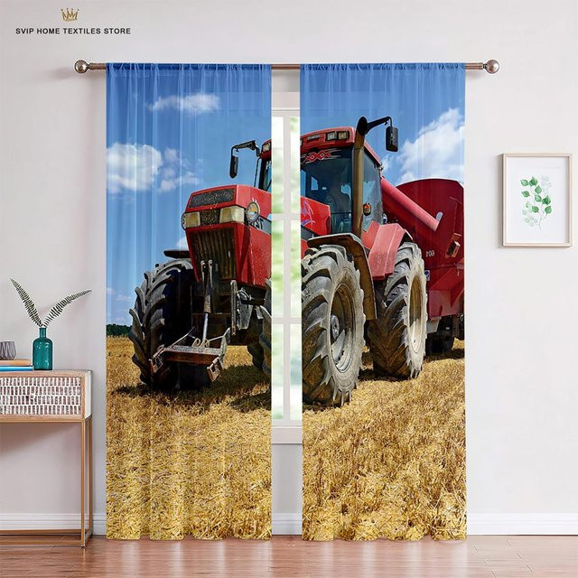 Yiran Furniture Gaze-Vorhänge mit Bauernhof-Motiv und Traktoren für Kinder, 2er-Set, transparent, Multicolour, Breite: 50 cm, Höhe: 160 cm - Bild 1
