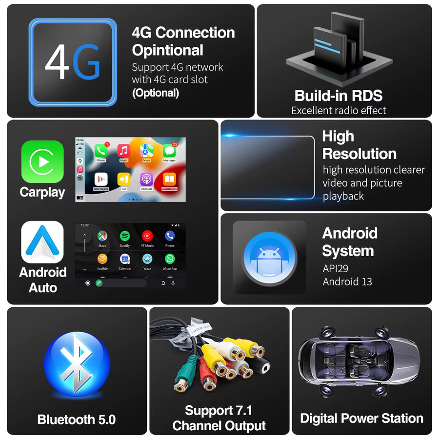AKAMATE Universal Auto Radio für Toyota mit 7 Zoll Display, Android 13, kabelloses CarPlay, Android Auto, Bluetooth und WiFi, Schwarz - Bild 3