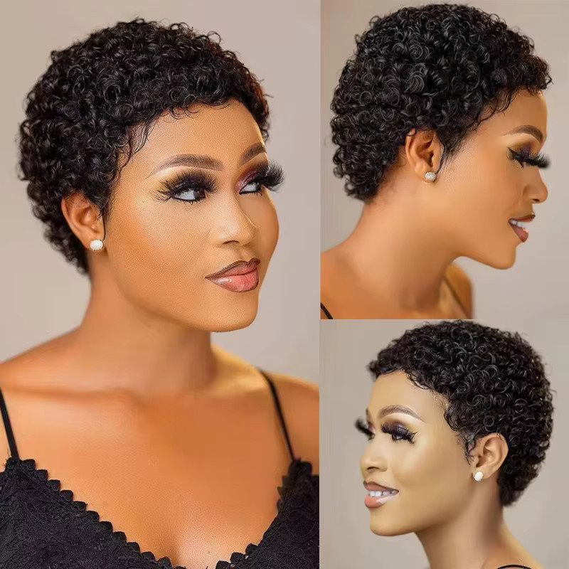 HJ WEAVE BEAUTY Pixie Cut Perücke, kurze Bob Perücke, lockiges Echthaar, Wasserwelle, Damen - Bild 4