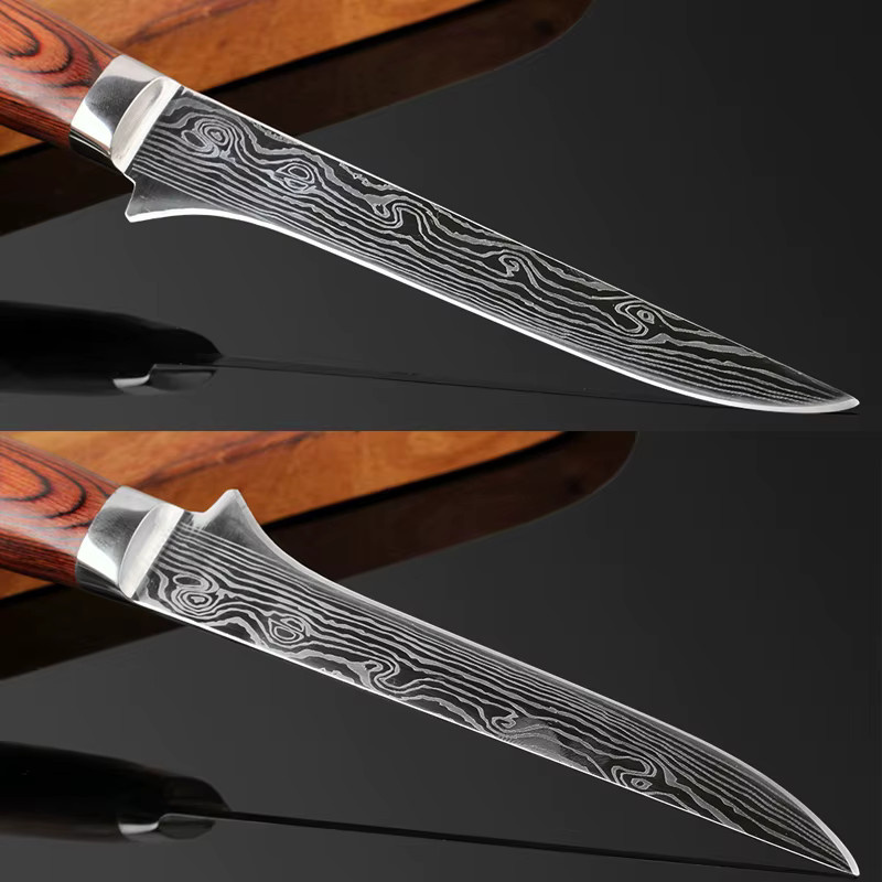 Xituo Ausbeinmesser aus Edelstahl mit Laser-Damast-Muster und Redwood-Griff in Braun, 15,24 cm - Bild 3