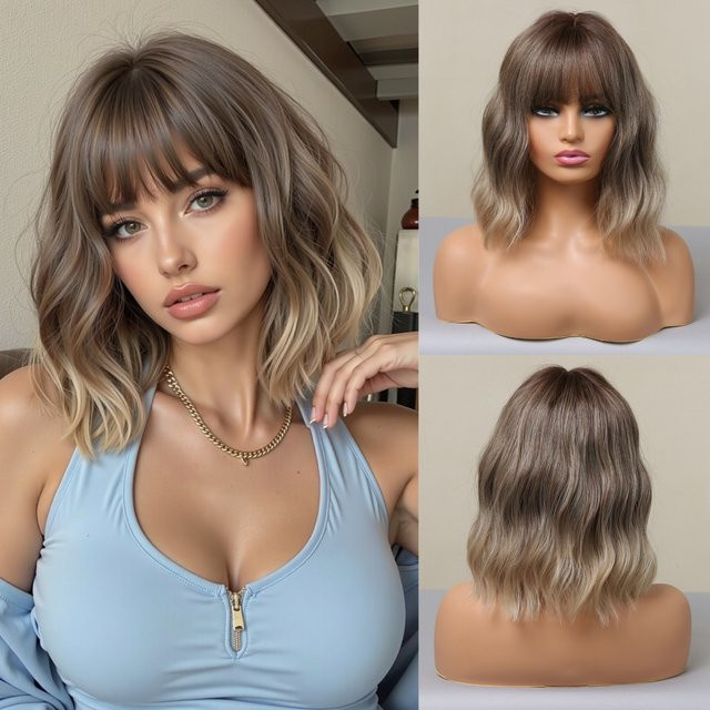 EASIHAIR Perücke, kurzer gewellter Bob mit Pony, Ombre braun-blonde Synthetik, Damen - Bild 1
