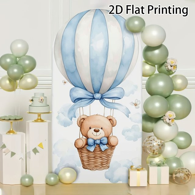 VIKAMA Teddybär-Wolken-Bogen-Hintergrundabdeckung aus Stretchstoff für Kinder, Blau, Breite: 120 cm, Höhe: 50 cm - Bild 1