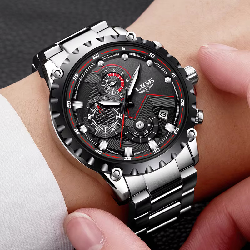 LIGE Armbanduhr Quarz, Edelstahl, Schwarz, Silber, Herren - Bild 4