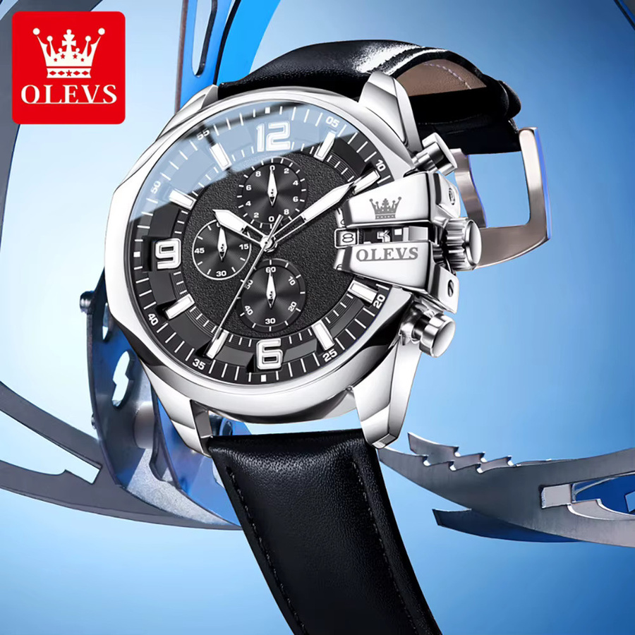 OLEVS Chronograph, Armbanduhr, Quarz, Edelstahl, Leder, 52 mm, Herren - Bild 3