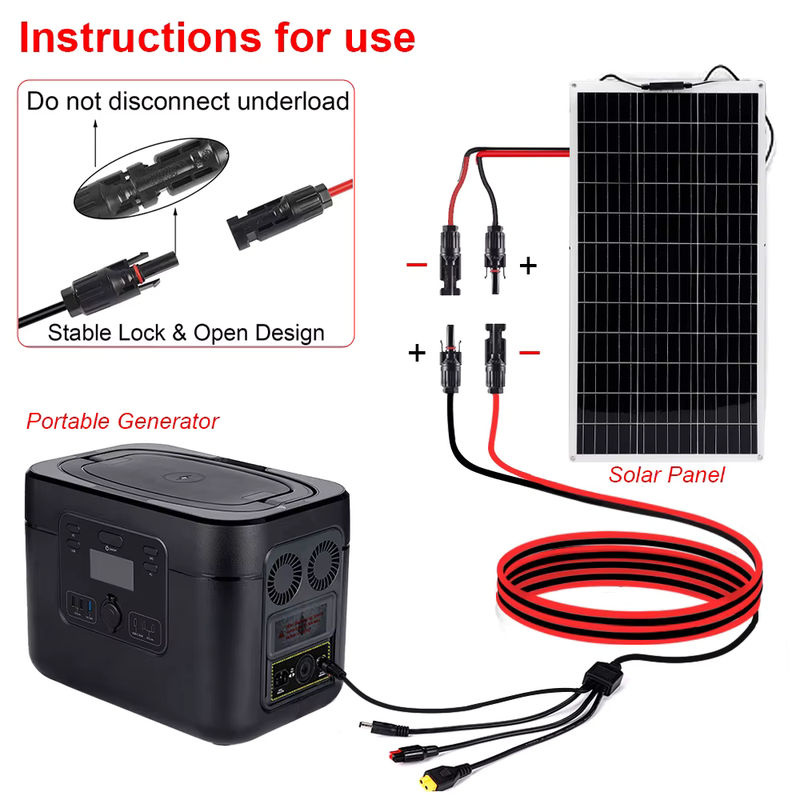4-in-1 Solarpanel-Verlängerungskabel mit XT60, DC5521 und DC7909 Anschlüssen, 12 AWG, bipolarer Glied, verzinnter Silikondraht, Schwarz - Bild 3