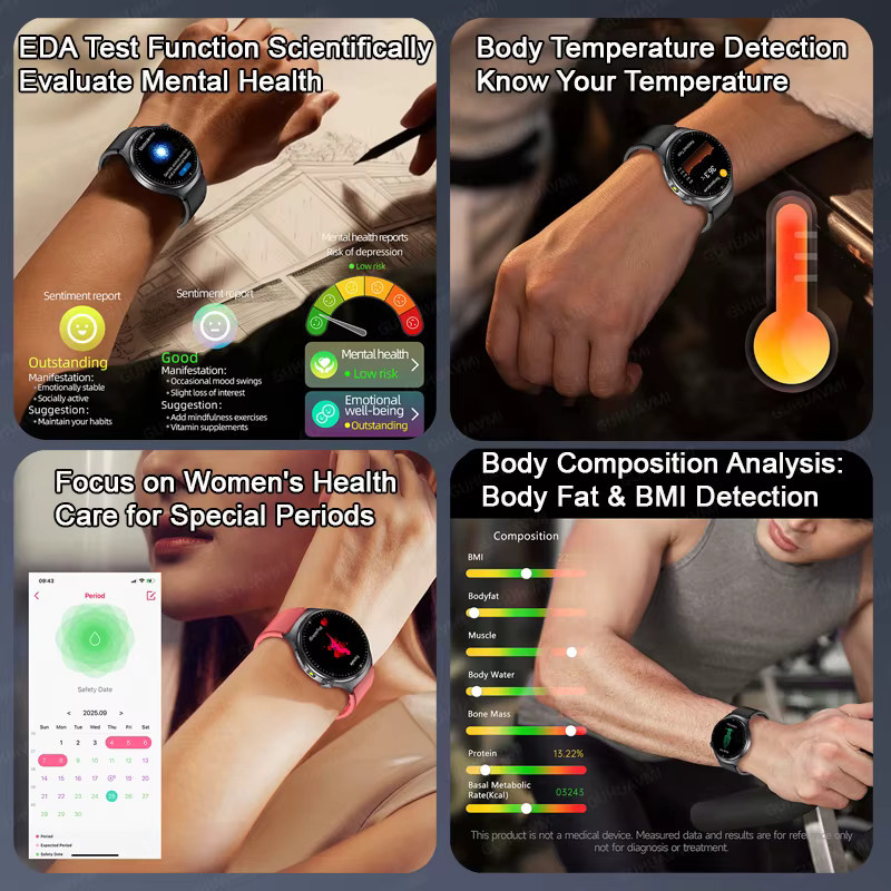 GUHUAVMI Smartwatch mit Körperfettanalyse, EKG, PPG, Blutdruck- und Blutsauerstoffmessung sowie Anruffunktion, Saphirglas-Display, Unisex, Schwarz oder Beige - Bild 3