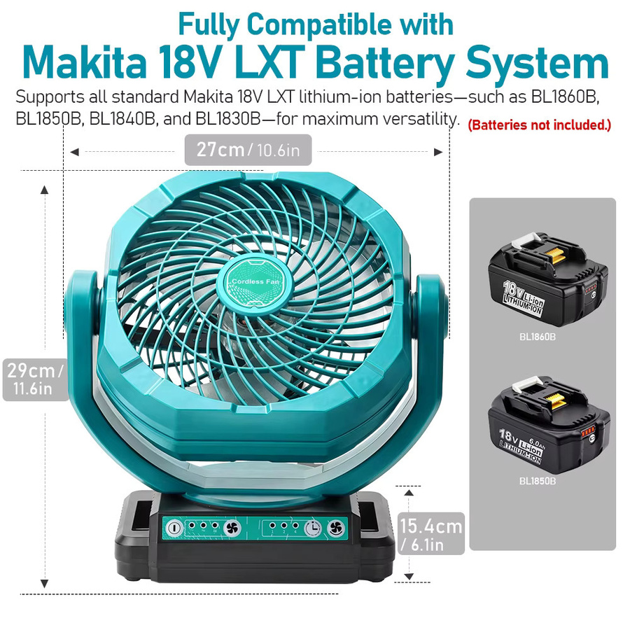 Kabelloser Oszillationsventilator für Makita 18V Akku, 3-Gang Baustellen- und Campingventilator in Türkis - Bild 4