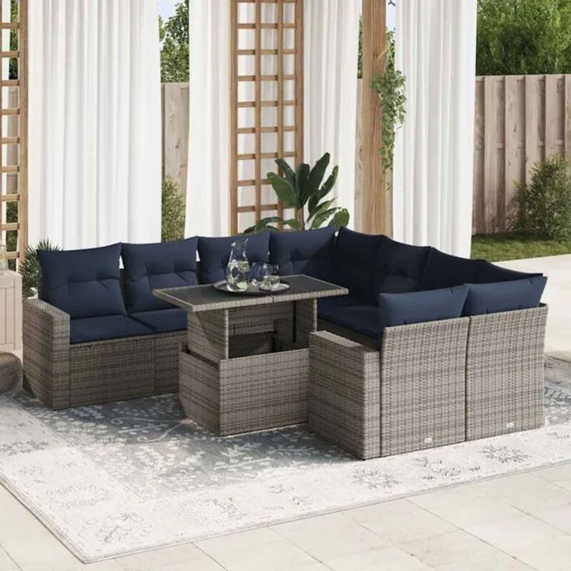 9-teilige moderne Garten-Sofagarnitur aus Poly-Rattan und Akazie in Grau mit Kissen von vidaxl - Bild 1