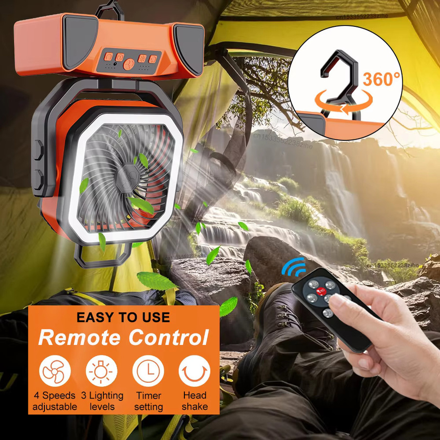 Raugee Campingventilator mit 40000mAh Akku, tragbarer USB-wiederaufladbarer Tischventilator und Deckenventilator mit LED-Licht und Fernbedienung, Schwarz/Orange - Bild 2