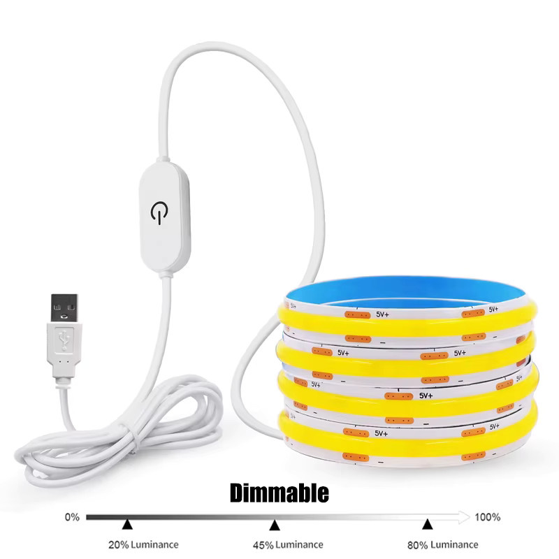 Dimmbarer 5V COB LED-Streifen in Weiß mit Touch-Steuerung und USB-Anschluss zur selbstklebenden DIY-Beleuchtung im Innenbereich - Bild 5