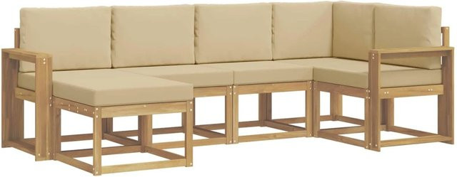 vidaXL Outdoor-Sofagarnitur 6-teilig in L-Form mit Kissen, Weiß und Beige, aus Akazienholz und UV-beständigem Polyester - Bild 1