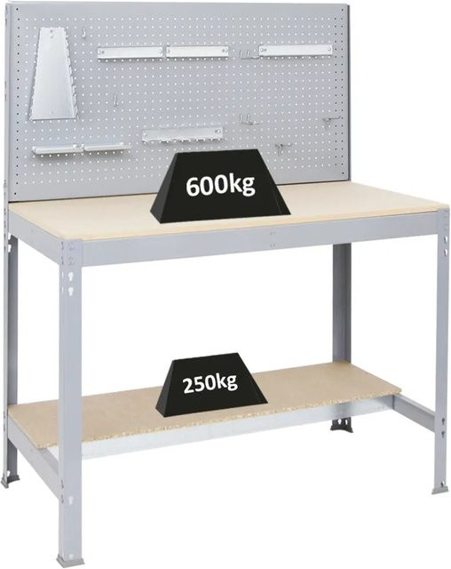 PROREGAL Werkbank Quick Buffalo mit Werkzeugwand und Zubehör in Grau, H x B x T: 84 x 120 x 61 cm, Traglast 600 kg - Bild 1