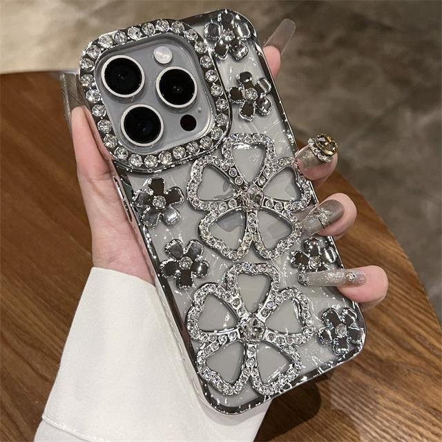 Blumen und Diamantbeschichtete Handyhülle mit Strass-Abdeckung für Apple iPhone 15 Pro Max, 14, 13, 11 und 16 Plus in Transparent - Bild 1