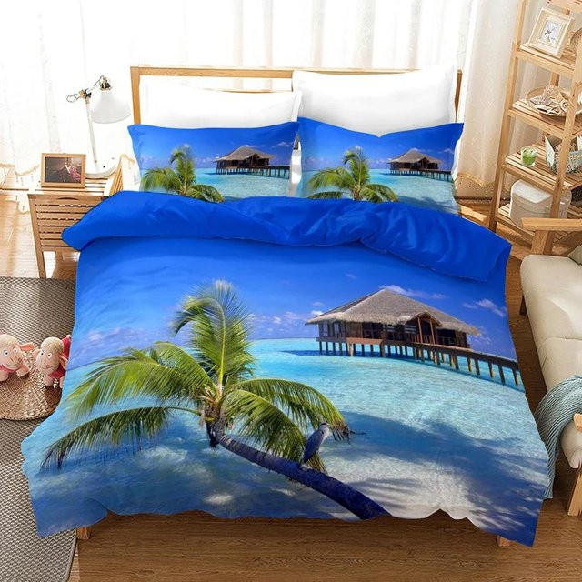 Bettbezug Set Your Warm Home mit Kissenbezug, Tropisches Insel und Palmen Design, Blau, Polyester, B/H: 135 x 200 cm - Bild 1