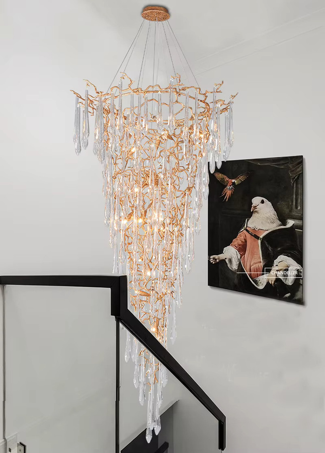 Phube Moderne Kristall-Kronleuchter in Gold und Messing mit Baumzweig-Design für Foyer und Treppenhaus, Höhe: 120 cm, Breite: 60 cm, Tiefe: 60 cm - Bild 3