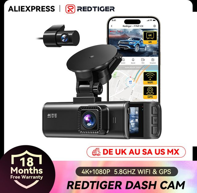 REDTIGER F7NP-EX Dashcam mit 4K UHD Auflösung, 5,8GHz WLAN, GPS und 24-Stunden-Parküberwachung in Schwarz - Bild 1