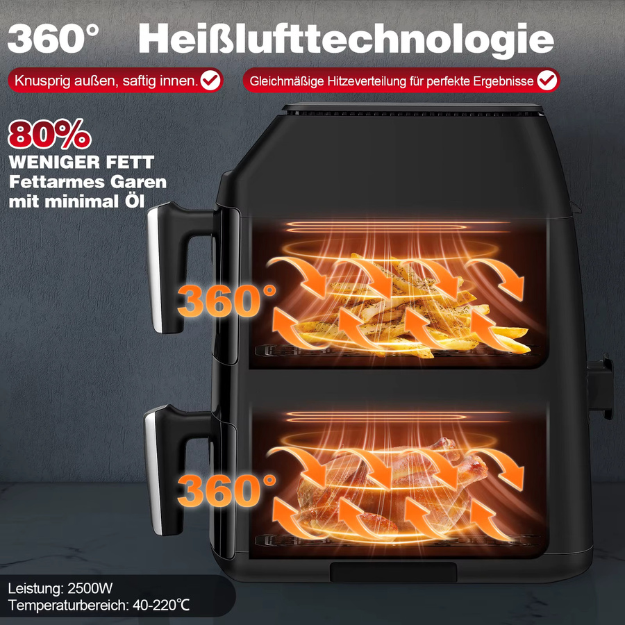 TopStrong Heißluftfritteuse mit Dual-Korb und 11 l Volumen, 2500W, 6-in-1-Funktionen, Schwarz - Bild 5