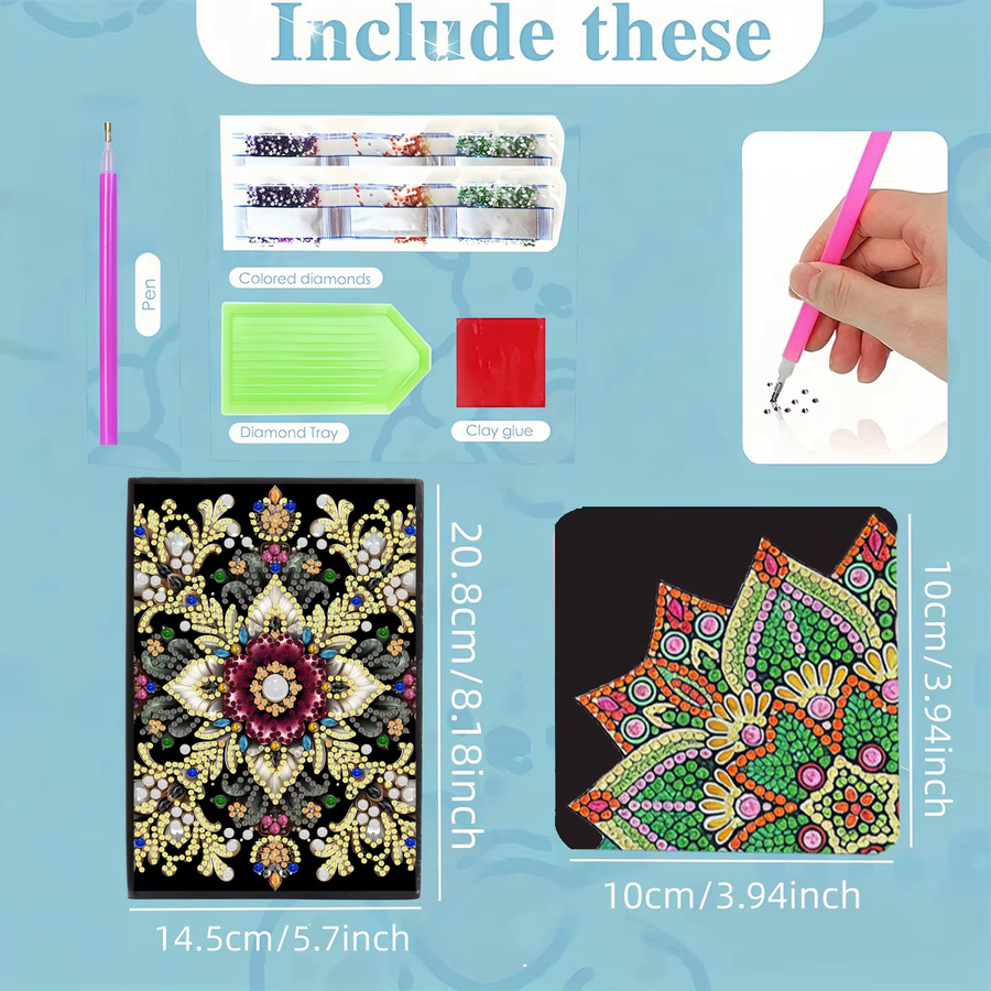 2er Set Diamond-Painting-Notizbuch mit Lesezeichen aus PU-Leder in Multicolour mit Mandala-Muster und Hardcover - Bild 2