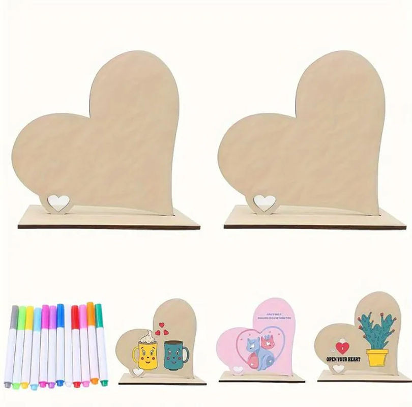 WTEMPO DIY Herzschild aus Holz Set mit 2 Herz-Ornaments und 12 Watercolor Pens in Braun und Beige - Bild 1