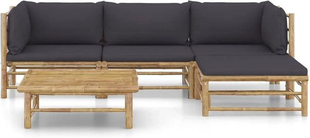 vidaXL 5-tlg Garten-Lounge-Set aus Bambus mit grauen Polstern und Ottoman in L-Form - Bild 1