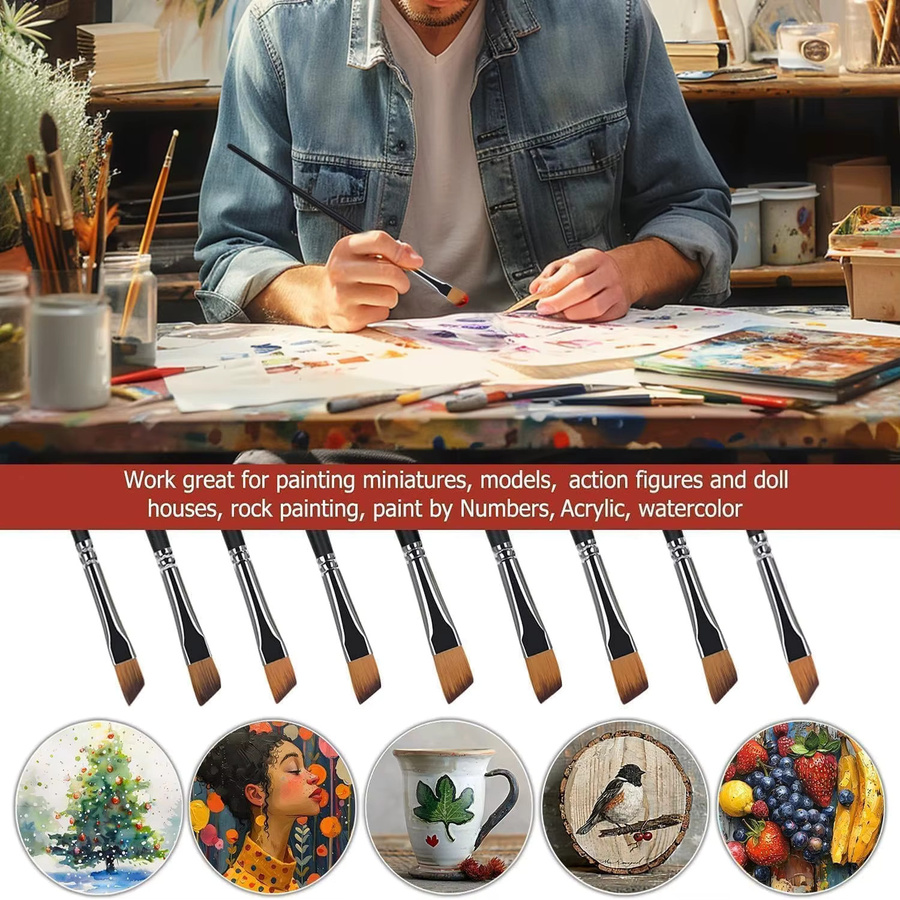 9-teiliges Yutiars Pinselset mit abgewinkelten langen Griffen und schwarzen synthetischen Nylonborsten für Acryl und Aquarell - Bild 6