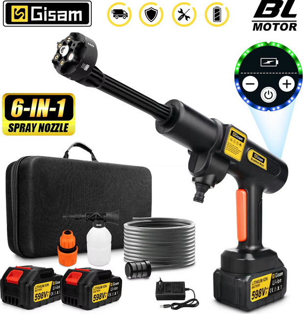 Gisam bürstenloser elektrischer Hochdruckreiniger mit 200 Bar und 6-in-1 Spritzpistole für Makita 18 V Akku - Bild 1