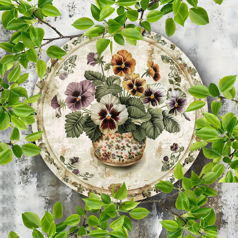 Potdemiel Vintage Stiefmütterchen Wandkunst aus Metall, runde Aluminiumdekoration mit floralem Blumenmuster, Mehrfarbig, Durchmesser: 20,3 cm - Bild 3