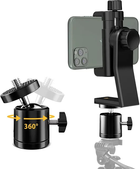 Wrumava Universal Handy Stativ Halterung Adapter mit 360 Grad drehbarem Kugelkopf in Schwarz für Samsung und iPhone sowie Selfie Sticks und Einbeinstative - Bild 1
