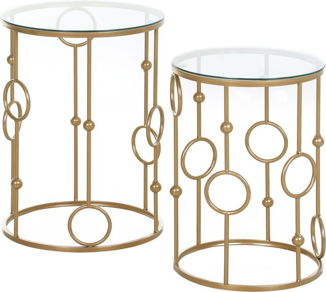 HOMCOM 2er-Set Couchtisch mit Glasplatte in Gold, Beistelltisch mit Reifen- und Kugeldesign für Wohnzimmer, Schlafzimmer oder Flur, Durchmesser: 41 cm, Höhe: 57 cm - Bild 1