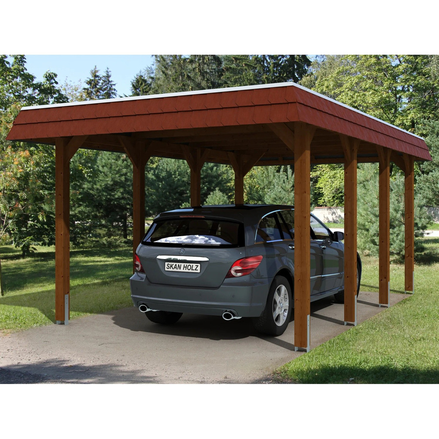 Skan Holz Carport Spreewald mit roter Blende in Nussbaum, flache Dachform aus Aluminium und Nadelholz, B/T: 589 x 345 cm - Bild 2