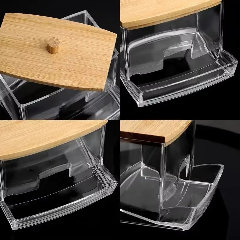 vvocci Doppelkopf-Wattestäbchen-Aufbewahrungsbox aus Glas mit Bambusdeckel, quadratischer Behälter in Transparent, Höhe: 8,8 cm, Breite: 7,2 cm - Bild 3