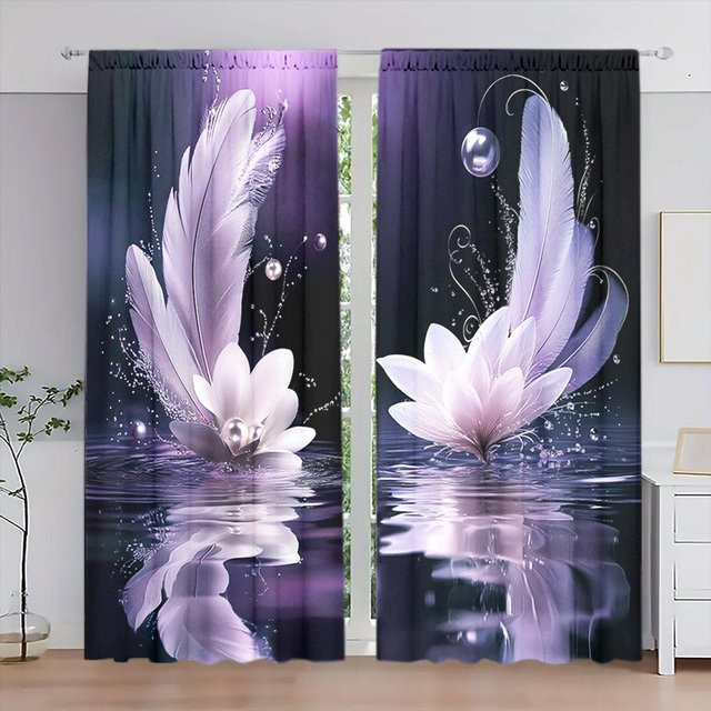2er-Set Federkunst-Druckvorhang aus Polyester in Weiß und Lila, halbtransparent, B: 52,5 cm, H: 116 cm - Bild 1