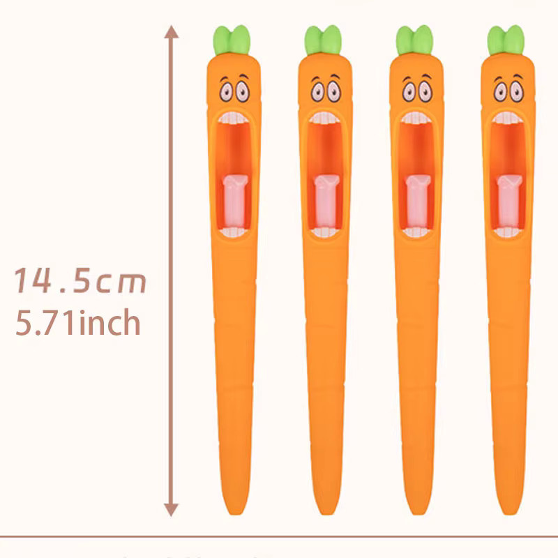 Set mit 4 Karottenförmigen Gelstiften in Orange mit lustigem Zungenmechanismus und 0,5 mm schwarzer Tinte - Bild 1
